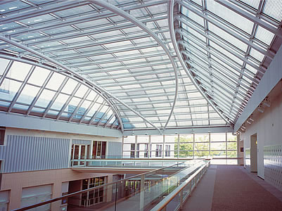 Sealed Blinds from Unicel Offer Flexibility, Low Maintenance Vision Control louvers, shown here in a skylight at Ohzuma Gakuen University in Tokyo, Japan, are adjustable blinds sealed within the glazing units.