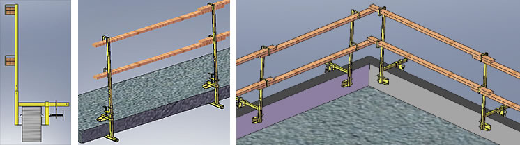 Versa Clamp Assembly Unit on 1) Parapet with Flashing; 2) Concrete Slab; 3) on Parapet Wall.