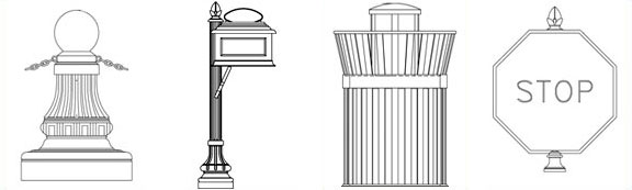Site Furnishings - Benches, Bollards, Street Signs, Trash Recepticles