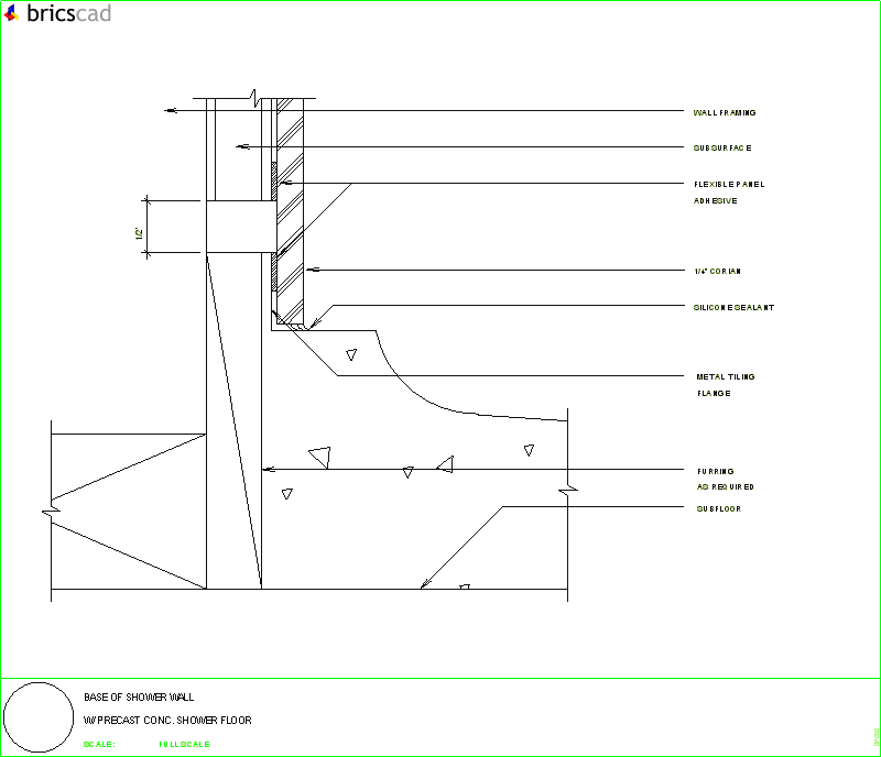Base of shower wall with precast concrete shower floor. AIA CAD Details