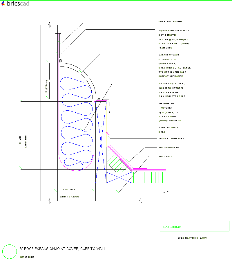 8 Roof Expansion Joint Cover, Curb to Wall. AIA CAD Details--zipped into WinZip format files for faster downloading.