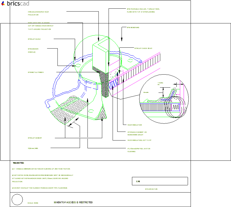 Roof Penetration Pan with Pre-Molded Pipe Flashing When Top Access is Restricted. AIA CAD Details--zipped into WinZip format files for faster downloading.