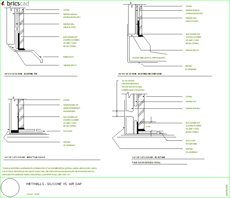 Wetwall options - Silicone sealant vs. air gap. AIA CAD Details--zipped into WinZip format files for faster downloading.