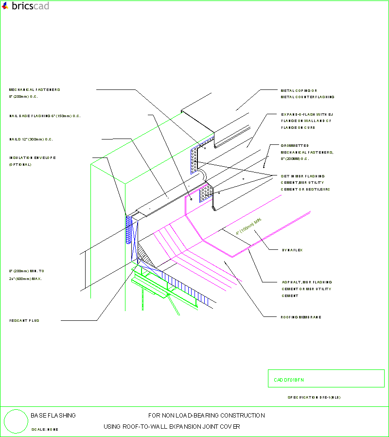 Base Flashing for Non Load-Bearing Construction using Roof to Wall Expansion Joint Cover. AIA CAD Details--zipped into WinZip format files for faster downloading.