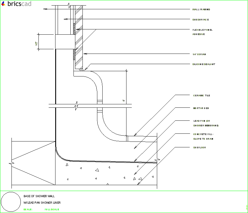 Base of shower wall with lead pan shower liner detail. AIA CAD Details--zipped into WinZip format files for faster downloading.