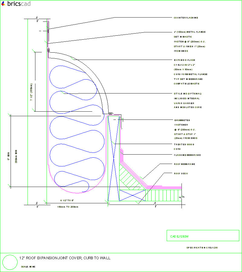 12 Roof Expansion Joint Cover, Curb to Wall. AIA CAD Details--zipped into WinZip format files for faster downloading.