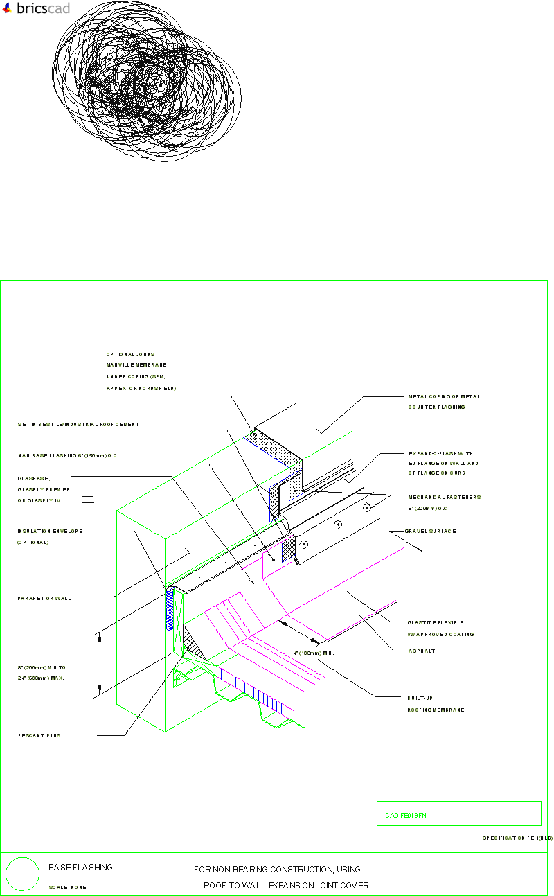 Base Flashing for Non Load Bearing Masonry Construction, using Roof to Wall Expansion Joint Cover. AIA CAD Details--zipped into WinZip format files for faster downloading.