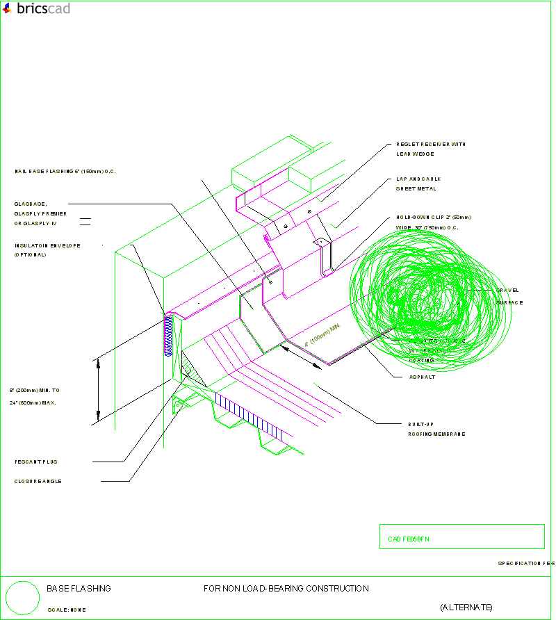 Base Flashing for Non Load-Bearing Construction (Alternate). AIA CAD Details--zipped into WinZip format files for faster downloading.