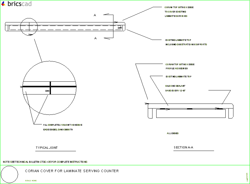 How to cover existing laminate surfaces with CORIAN®.. AIA CAD Details--zipped into WinZip format files for faster downloading.