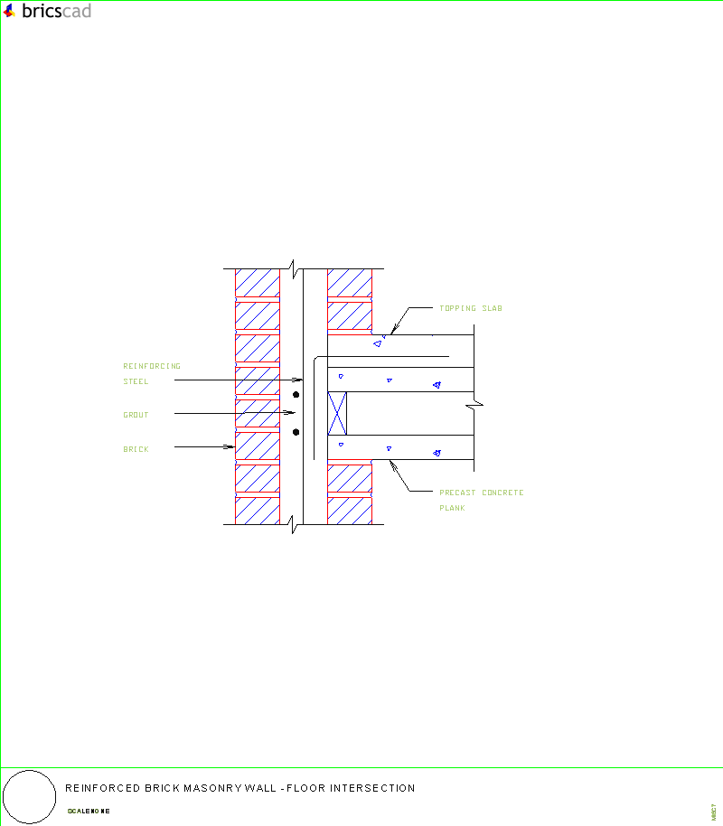 Reinforced Brick Masonry Wall - Floor Intersection. AIA CAD Details--zipped into WinZip format files for faster downloading.