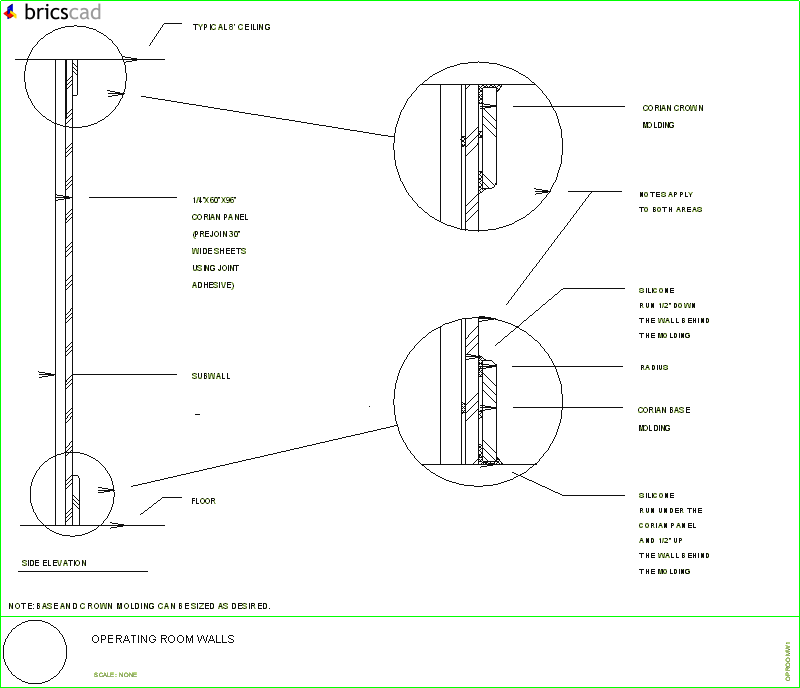 How to cover operating room walls with 1/4 inch cleam rooms. AIA CAD Details--zipped into WinZip format files for faster downloading.