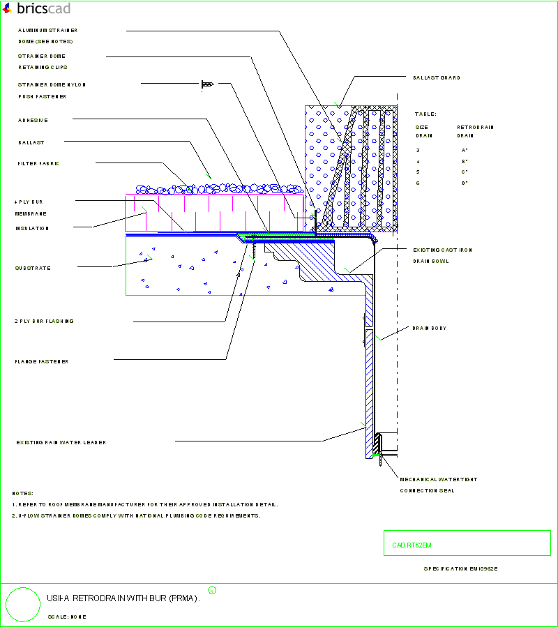 USII-A RetroDrain with BUR (PRMA). AIA CAD Details--zipped into WinZip format files for faster downloading.