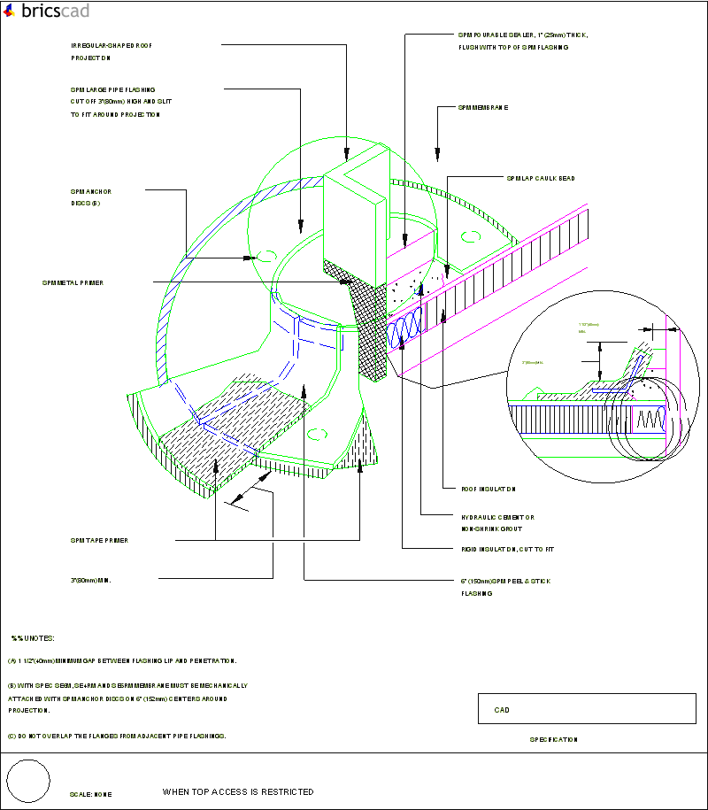 Roof Penetration Pan with Peel & Stick Pipe Flashing When Top Access is Restricted. AIA CAD Details--zipped into WinZip format files for faster downloading.