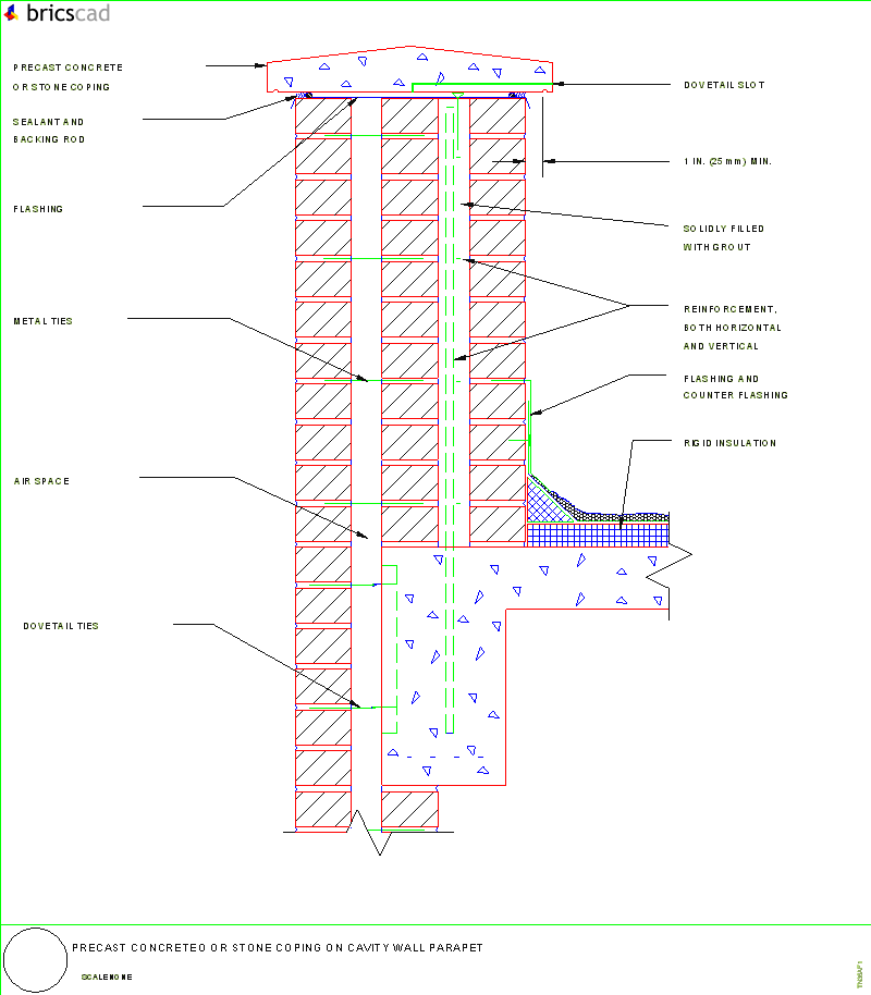 Precast Concrete or Stone Coping on Cavity Wall Parapet. AIA CAD Details--zipped into WinZip format files for faster downloading.