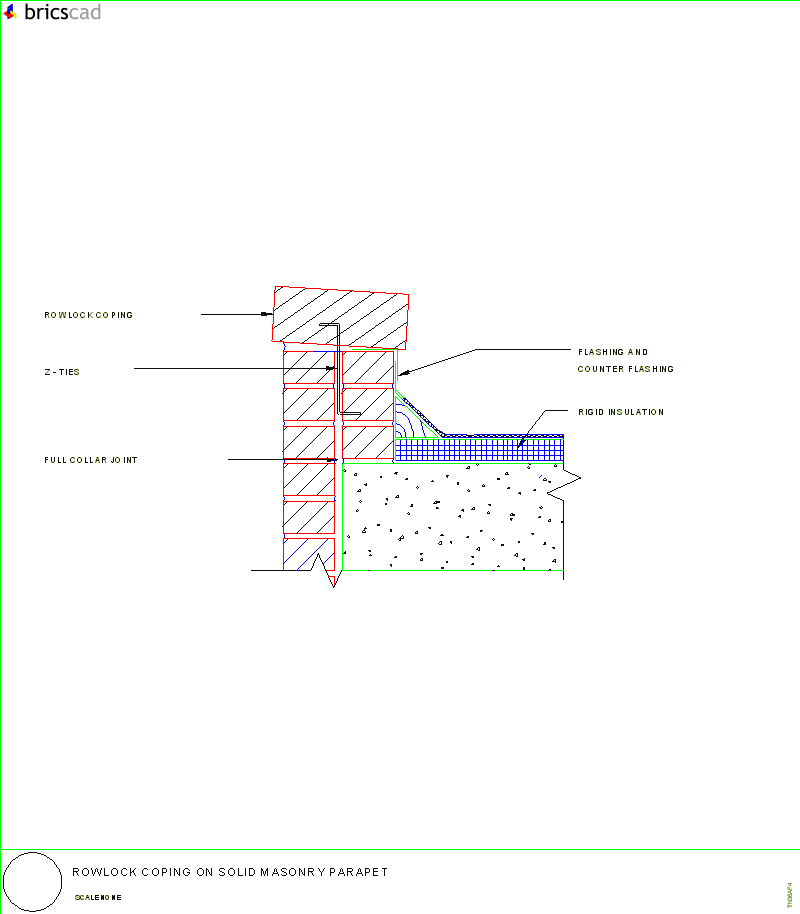 Rowlock Coping on Solid Masonry Parapet. AIA CAD Details--zipped into WinZip format files for faster downloading.