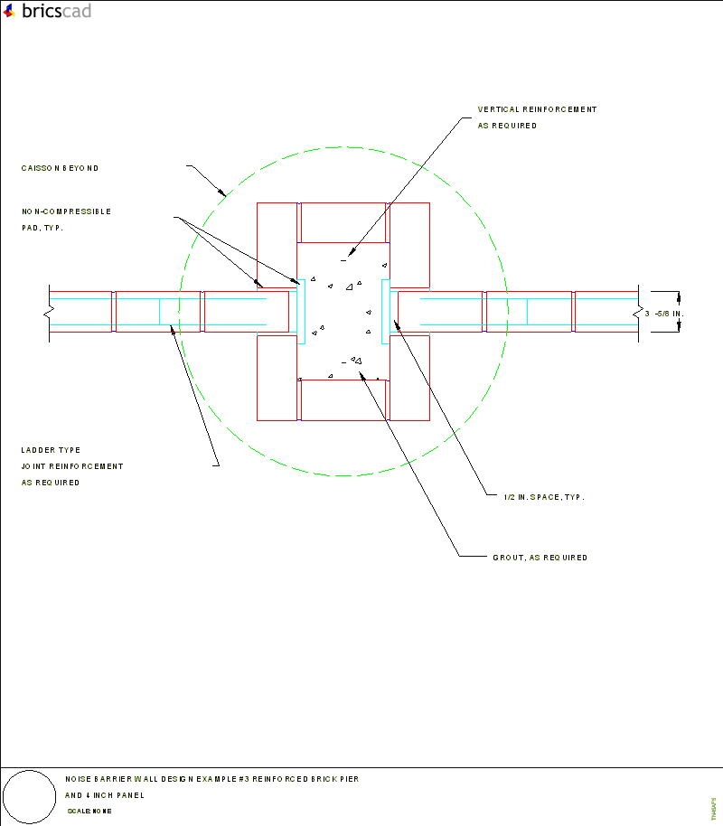 Noise Barrier Wall Design Example #3 Reinforced Brick Pier and 4 Inch Panel. AIA CAD Details--zipped into WinZip format files for faster downloading.