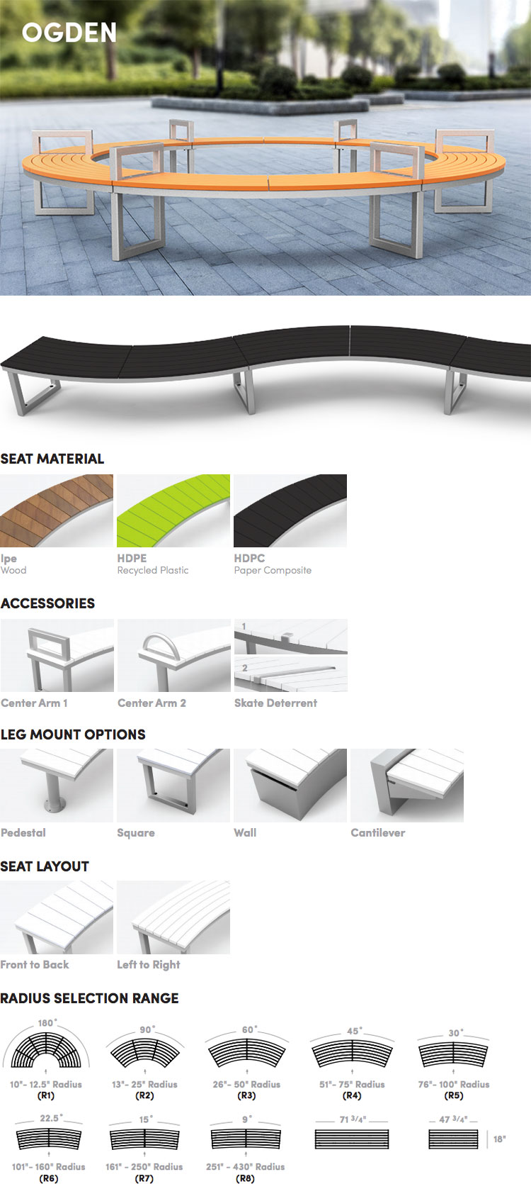 Ogden by Maglin Site Furniture offers flexible straight, curved or circular bench options to suit any style