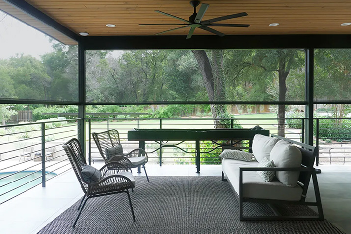Outdoor Shading System - ZIP Side Channels Create Shading/Weather/Insect Barriers