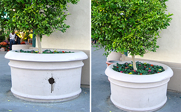 Resin planters and lampposts: easy to maintain and graffiti resistant