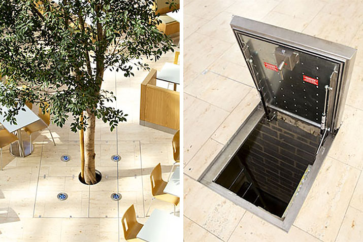 Tree grilles and floor access covers at The Wintergarden